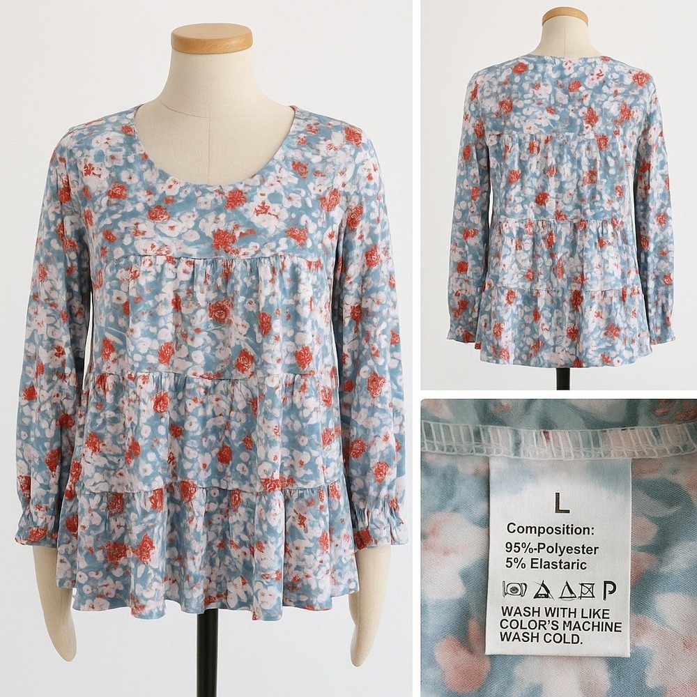Women's Large Floral Tiered Blouse Top Blue Red White Boho Peasant Festival Boho